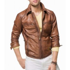 Men Designer Leather Jackets: Tan Brown R1